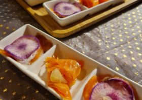 “Mille feuilles” de radis violet au saumon